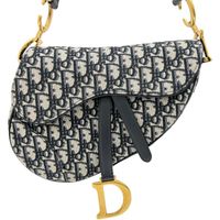 Pre-owned Dior Oblique Saddle Bag, 2-Way Shoulder Bag/Handbag, Canvas/Leather, Navy Blue with Gold Hardware, Women's