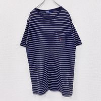 90年代古著Ralph Lauren Lauren Polo短袖條紋T卹，搭配刺繡logo，復古海軍藍，L碼