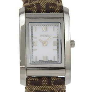 Pre-owned FENDI 7600L stainless steel and leather quartz watch with analog display and white dial for women.