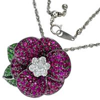Pre-owned Flower Ruby, Green Grossular Garnet, and Diamond Necklace in 18K White Gold/Pt850 Platinum, 17.3g, 50cm, Women's