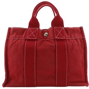 二手爱马仕 Deauville PM 红色帆布手提包，A5 按扣开合，女士款。