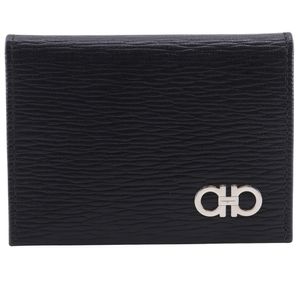 Pre-owned Salvatore Ferragamo Ferragamo Gancini Card Case IY-66A062, Black/Navy Calfskin with Flap, Men's.