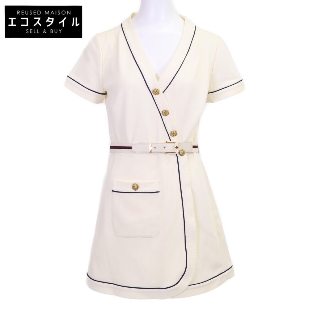 Gucci 653408/670292 White Blue Trim Jersey Dress with Gold Buttons, Wrap  Dress, Size Small |   DOKODEMO