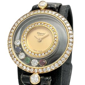 Chopard/ショパール 20/3957-24 ハッピーダイヤモンド 腕時計 K18YGイエローゴールド/レザー クオーツ シャンパン文字盤/ブラックレザーベルト レディース 【中古】