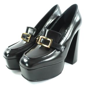 全新未使用 Sergio Roshi SR NORA 黑色粗跟皮革高跟鞋，金色五金配件，尺码 36.5，附防尘袋，意大利制造。