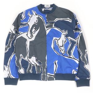 Excellent condition HERMES 2021 horse print lightweight blouson jacket in blue and gray, size 43, with box, authentic, made in France, men's