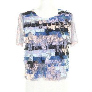 Excellent condition CHANEL P53043 floral lace short-sleeved top with Coco Mark hardware, pink beige, blue, multicolor, size 34, made in Italy, women's