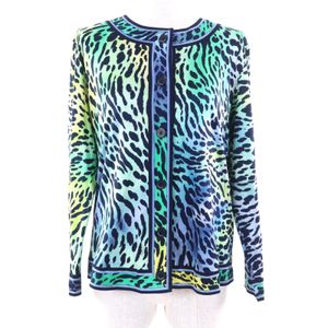 Excellent condition LEONARD FASHION 100% cotton cardigan with logo buttons, gradient leopard print, multicolor, size L, made in Japan, authentic, for women.