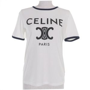 Excellent condition CELINE 2X872671Q 100% cotton, Hedi CELINE PARIS Triomphe logo print crew neck short sleeve T-shirt, white, size XS, authentic, made in France, women's