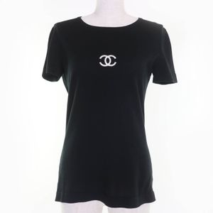 Excellent condition CHANEL Vintage 95P P04540 100% cotton Coco Mark short-sleeved knit top, black, size 38, made in France