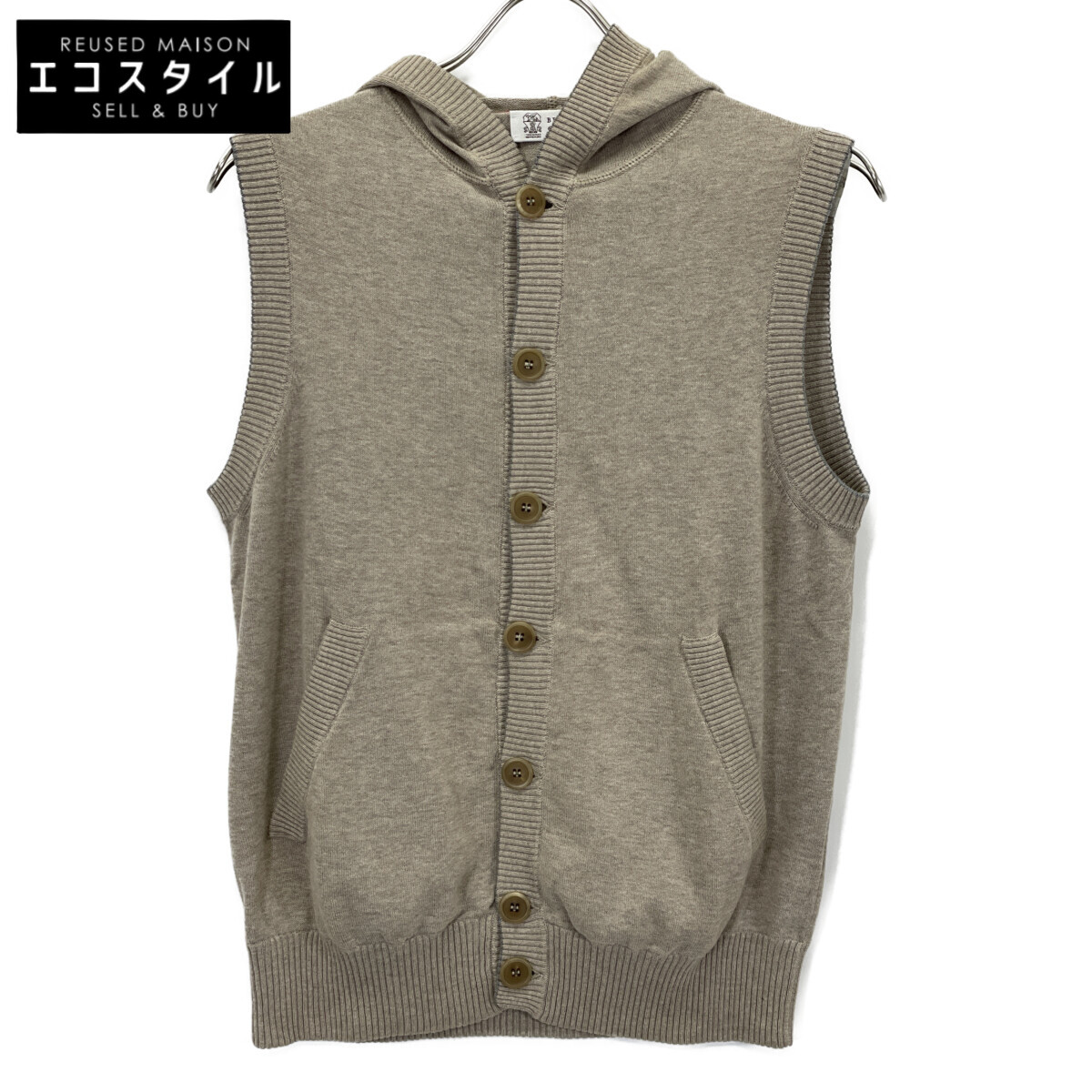 Brunello Cucinelli DE92360 Beige Cotton Hoodie Button Vest, Size