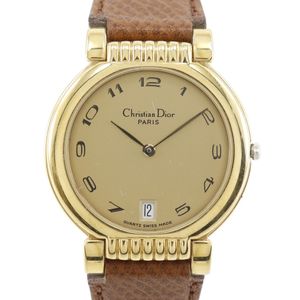 クリスチャンディオール Dior 腕時計 金メッキ×レザー ゴールド クオーツ アナログ表示 ゴールド文字盤 レディース【中古】