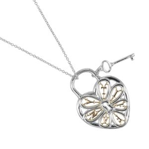 二手 Tiffany & Co. 镂空心形钥匙项链，925 纯银和 18K 玫瑰金，约 7.8 克，女士款。