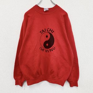Used 2000s RUSSELL sweatshirt with Yin Yang Tai Chi design, raglan sleeves, red , RED M
