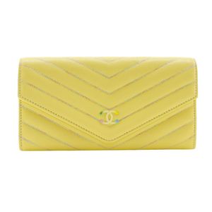 샤넬 CHANEL V스티치 긴 지갑 코코마크 램 스킨 노랑 스냅 버튼 V stitch 레이디스【중고】