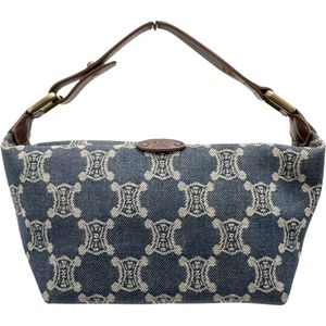 CELINE/셀린 트리온프 데님 핸드 파우치 핸드백 데님/가죽 블루/ ブラウン/골드 쇠장식 레이디스 【중고】