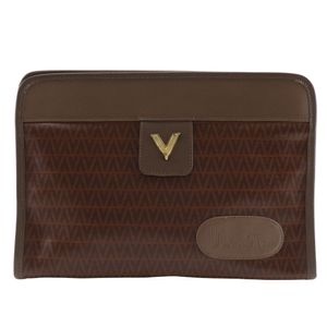 二手 Mario VALENTINO V 標誌 PVC 手提包，棕色，A5 尺寸，扣環錢包，V 標誌，男女通用。