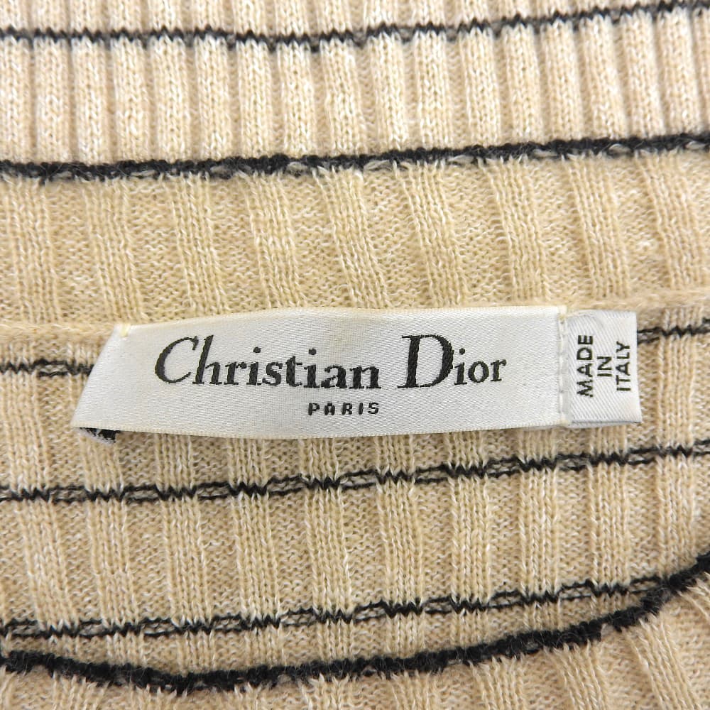 ディオール Bee刺繍 リネン×カシミヤ ショートスリーブ ボーダー ニットソー レディース ベージュ 38 124S24AM126 38 Dior Bee Embroidered Linen and Cashmere Short Sleeve Striped Knit