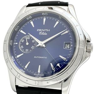 Pre-owned ZENITH 90/01 0030 682 Elite GMT Watch, Stainless Steel/Leather, (Genuine Buckle), Automatic Movement, Blue Dial/Black Leather (Aftermarket), Men's