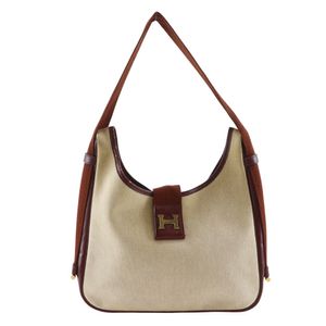 爱马仕 Sako 单肩包，复古灰褐色帆布和小牛皮，1986 年，米色，斜挎/单肩包，A5 尺寸，按扣开合，女士，二手