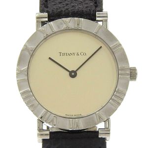 二手蒂芙尼 (Tiffany & Co.) Atlas 女士腕表，925 银表壳，皮表带，石英机芯，模拟显示，象牙色表盘。