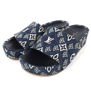 LOUIS VUITTON) Revival Line SINCE 1854 帆布和皮革 Monogram 穆勒涼鞋，海軍藍，37 碼，意大利製造，正品，女士款，成色極佳。