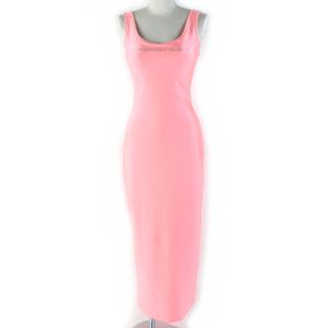 Beautiful Alexander Wang Crystal Logo Jeweled Stretch Satin Jersey Maxi Dress in Coral Pink, Size S, Authentic Women's