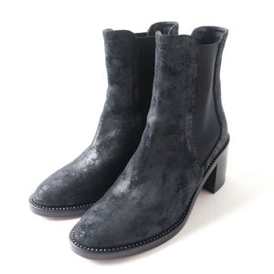 【持續更新】成色極佳 ★ JIMMY CHOO鑲鑽刺繡側邊鬆緊帶粗跟絨面革短靴 黑色 36碼 義大利製造