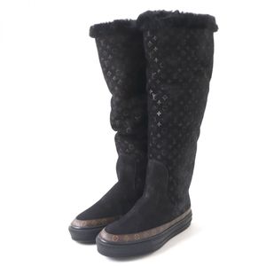 【持續更新】成色極佳 ☆LOUIS VUITTONSnowball 系列 Monogram 平底羊毛長靴/靴子 黑色 35碼 義大利製造