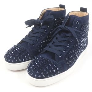 Unused Christian Louboutin Louis Flat spiked suede leather high-top sneakers, size 40.5, navy, 3101212, with box and dust bag, made in Italy.