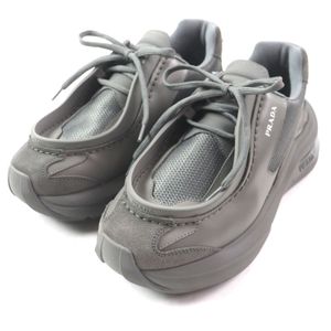 PRADA SYSTEM 三角形標誌Plate和皮革運動鞋，6 碼，灰色，義大利製造，狀況極佳，附鞋盒和防塵袋。