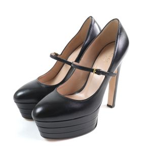 全新未使用 GUCCI 750490 腰带设计杏仁头厚底真皮高跟鞋，黑色，37.5 码，意大利制造