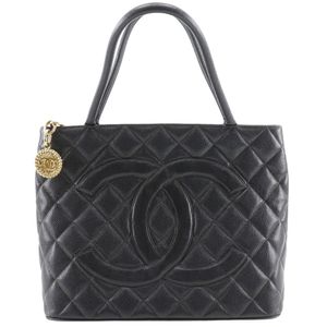 二手香奈儿 Medallion 手提包，Coco Mark Matelasse A01804，黑色鱼子酱皮革，肩包/手提包，A5，拉链，女士。