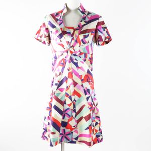 Unused CHANEL P53088 16C 100% Silk Coco Mark Print Short Sleeve Dress in Pink, Blue, Red , and Beige, Size 36, Made in France