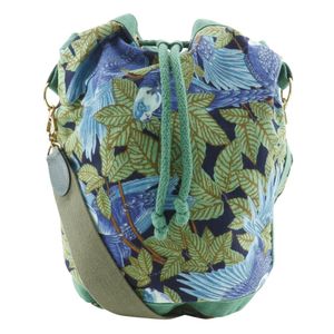 二手爱马仕绿色棉质束口单肩包，饰有BOTANICAL和鸟类图案。A5尺寸女士束口包。