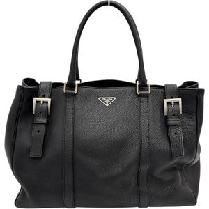 PRADA/프라다 삼각 Plate 토트 백 핸드백 가죽/(트리용) 블랙/실버 쇠장식 레이디스[중고]