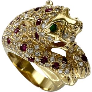 11.5호 팬더 에메랄드 0.04ct 루비 1.50ct 다이아몬드 1.44ct 링・반지 K18 골드 14.7g 레이디스 【중고】