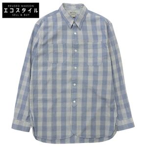더블 얼 엘 미품 코튼 체크 무늬 더블 포켓 워크 셔츠 탑스 맨즈 블루×라이트 그레이 M M【중고】