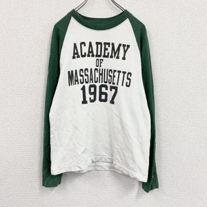 古着Champion 长袖 T 恤，插肩袖，白色/绿色，M 码