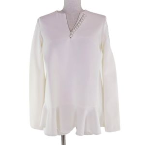 YOKO CHAN YCB-522-290 仿珍珠荷叶边长袖衬衫，白色，36码，日本制造，正品，女款，成色极佳。