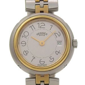 Pre-owned Hermès Profile watch in stainless steel with a quartz movement and analog display, featuring a silver dial.