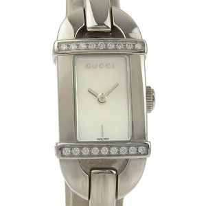 Pre-owned Gucci 6800L stainless steel and diamond quartz watch with analog display and white shell dial for women.