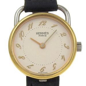 二手爱马仕 Arceau 女士腕表，不锈钢和皮革表带，石英机芯，模拟显示，白色表盘。