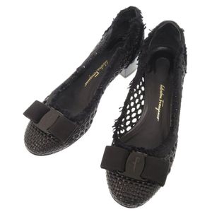 Salvatore Ferragamo Vara RIBON 5D码黑色编织皮革高跟鞋，黑色，1556 [二手] Salvatore Ferragamo