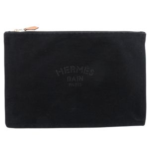 헤르메스 플랫 요팅 GM 셰브론 아바카 파우치 코튼 블랙 블랙 0195【중고】HERMES