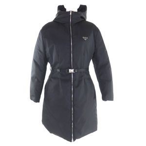 Unused PRADA Re-Nylon Triangle Logo Belted Down Coat, Size 42, Black, Made in Italy, Authentic, Women's, 292077