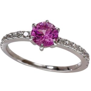 二手女式戒指，12.5号，镶嵌一颗0.45克拉粉色蓝宝石和一颗0.18克拉钻石，18K白金（2.3克）。