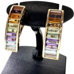 粉色碧玺/黄水晶、橄榄石/绿色碧玺、紫水晶/蓝色托帕石耳环，18K金，4.3克，女士款 [二手]