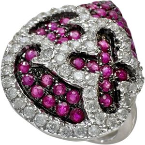 二手女式戒指，12号，镶嵌一颗0.64克拉红宝石和0.37克拉钻石，18K白金（3.8克）。