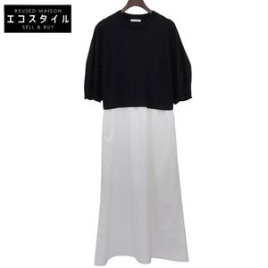 Pre-owned ESTNATION Docking Puff Knit Fabric Combination Dress, Women's, White/Black, Size F, White/Black, Size F